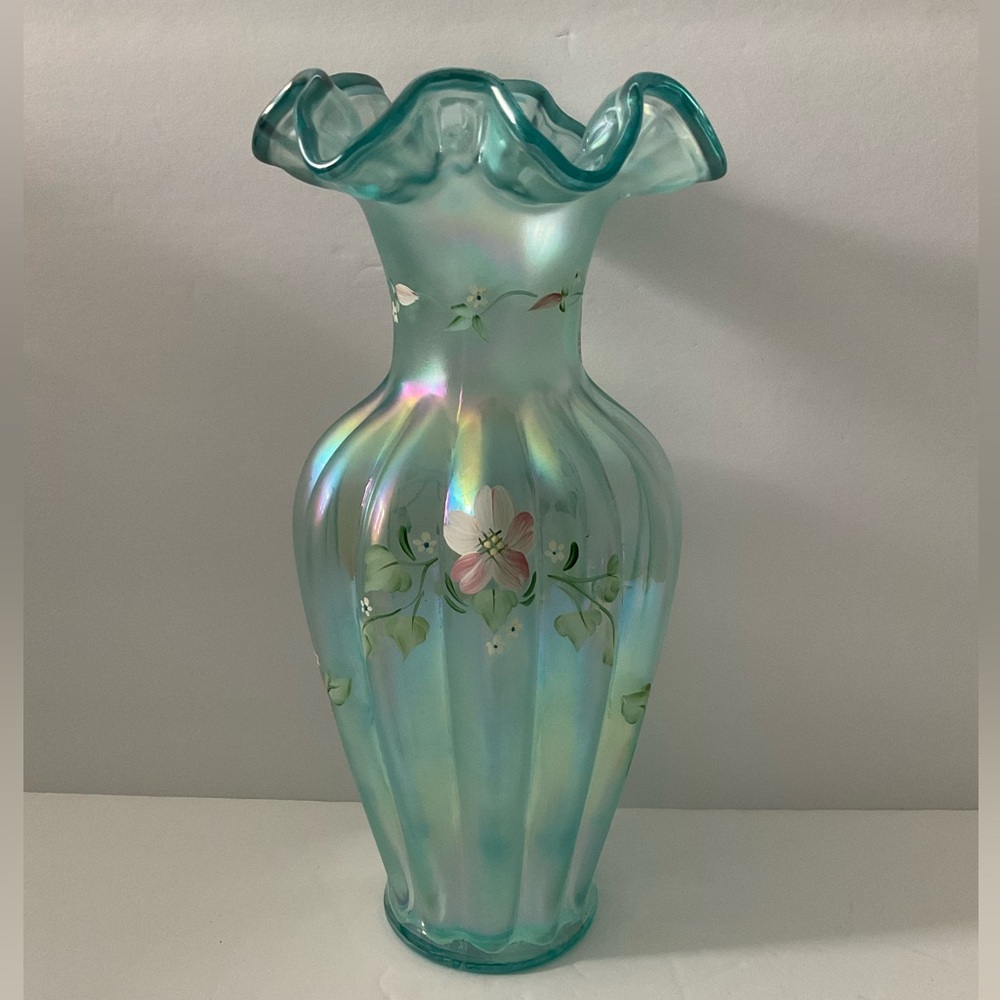 Fenton Ruffled Rim Iridescent Mist Green Vase - Picture 4 of 7